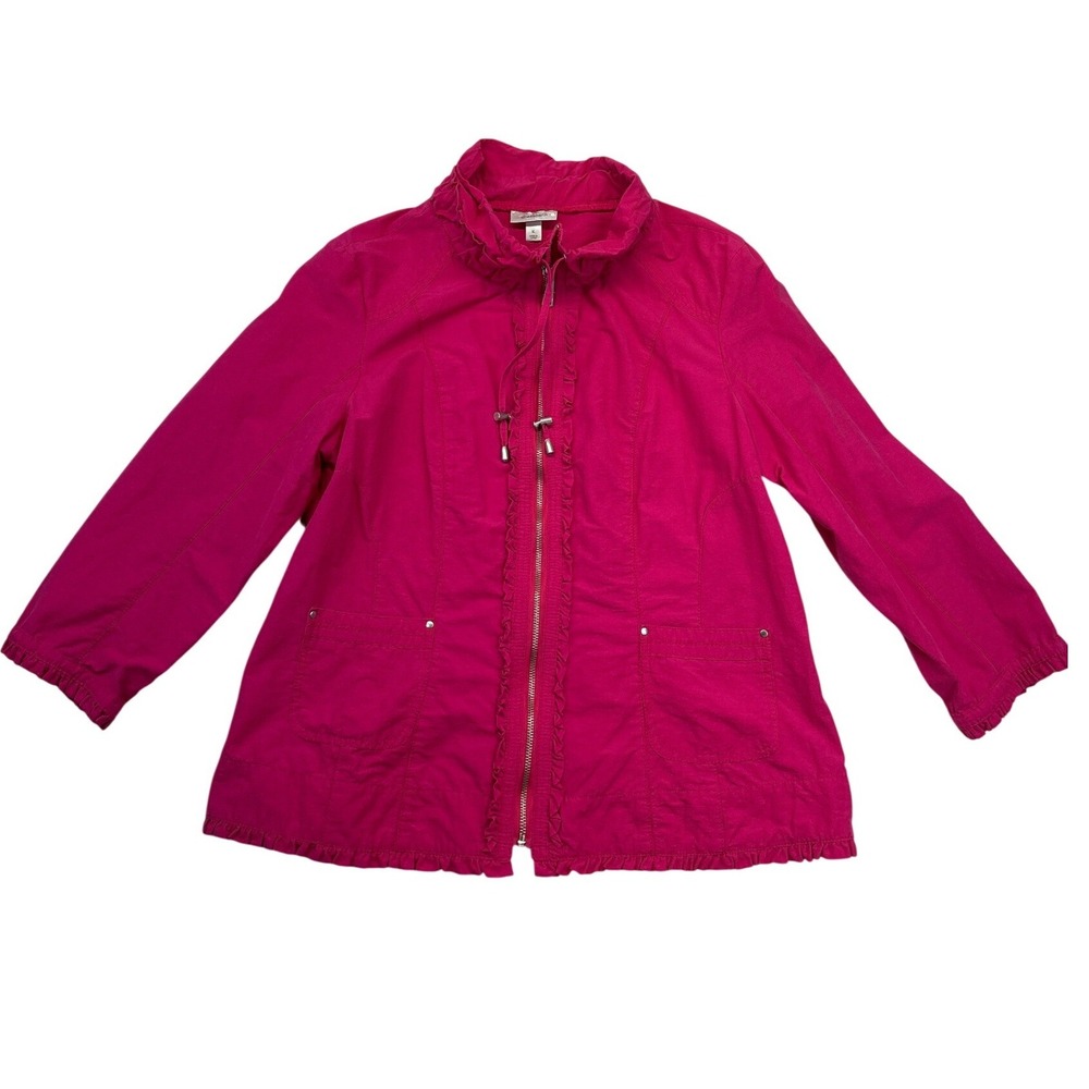 Dressbarn Jacket Womens XL Hot‎ Pink Full Zip Ruffle Trim Lightweight Spring